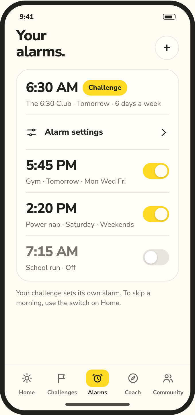 The Alarms tab: the challenge's 6:30 alarm pinned at the top, then a gym alarm, a power nap and a school-run alarm with on/off switches
