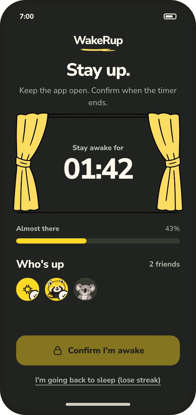 The stay-up screen: a countdown framed by yellow curtains on a dark background